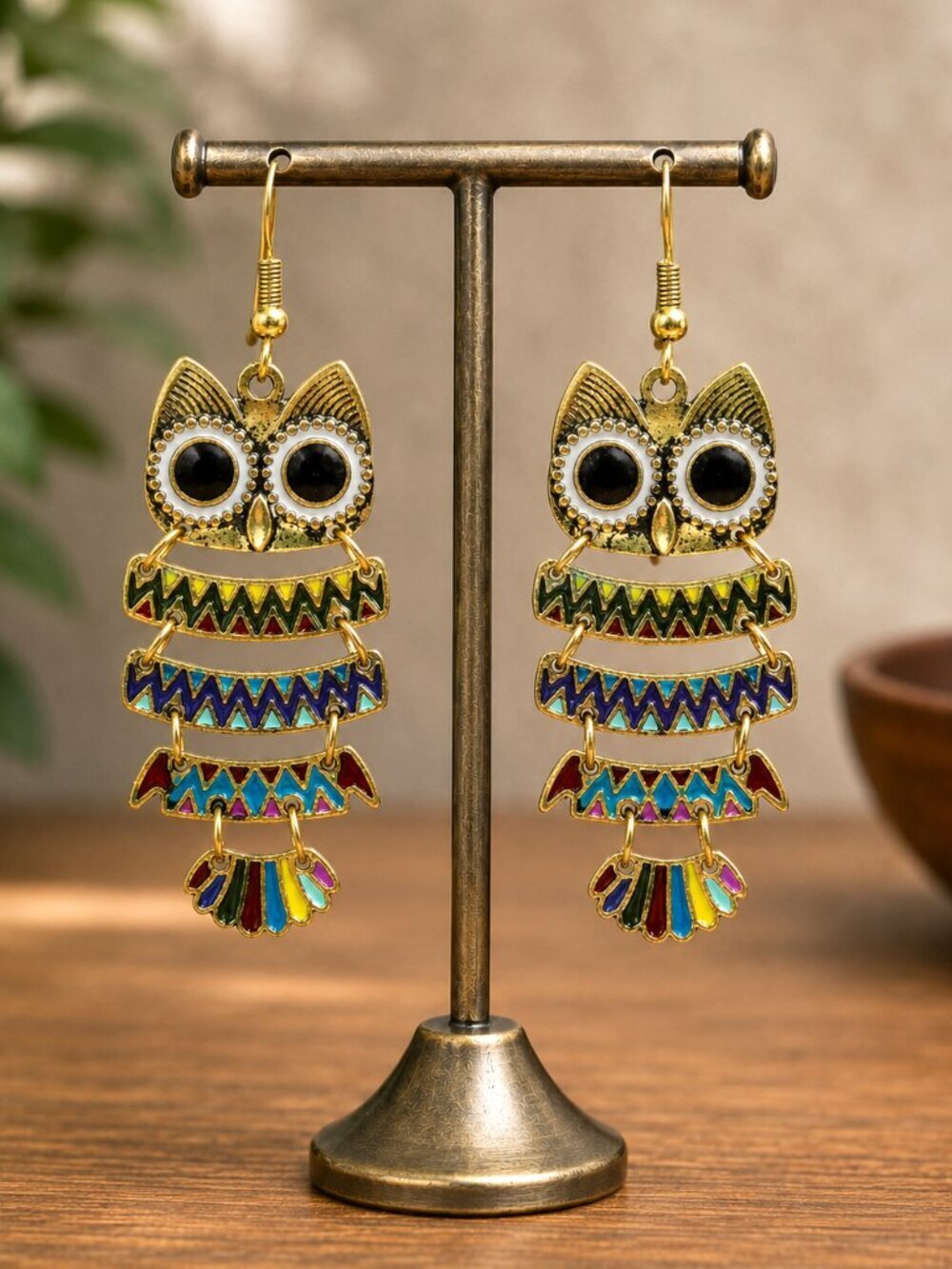 Colorful Enamel Owl Drop Earrings Gold Boho | Boutique - Picture 3 of 5